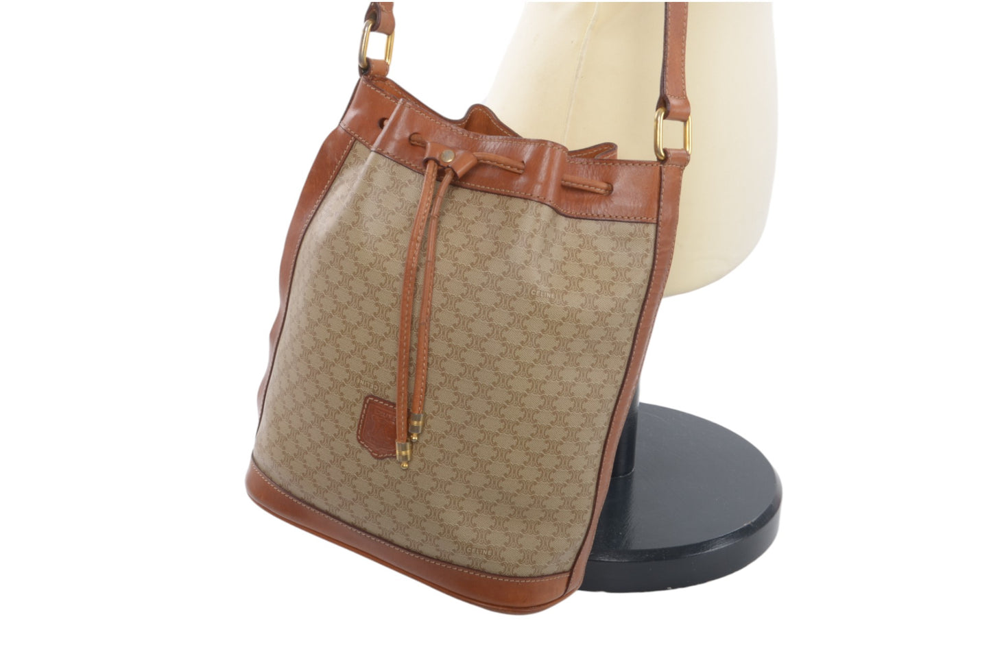 Celine Vintage Triomphe Shoulder Drawstring Bag Tote Handbag Monogram Brown Beige  Designer Classic