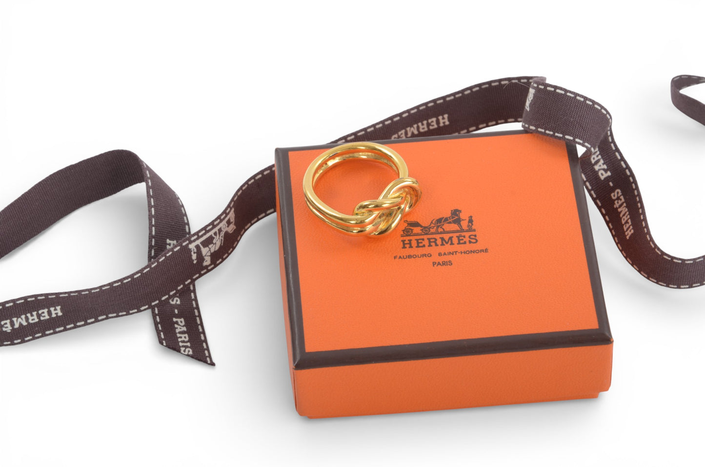 Hermès Gold Tone Atame Knot Scarf Ring Pin Vintage Designer Classic Authentic