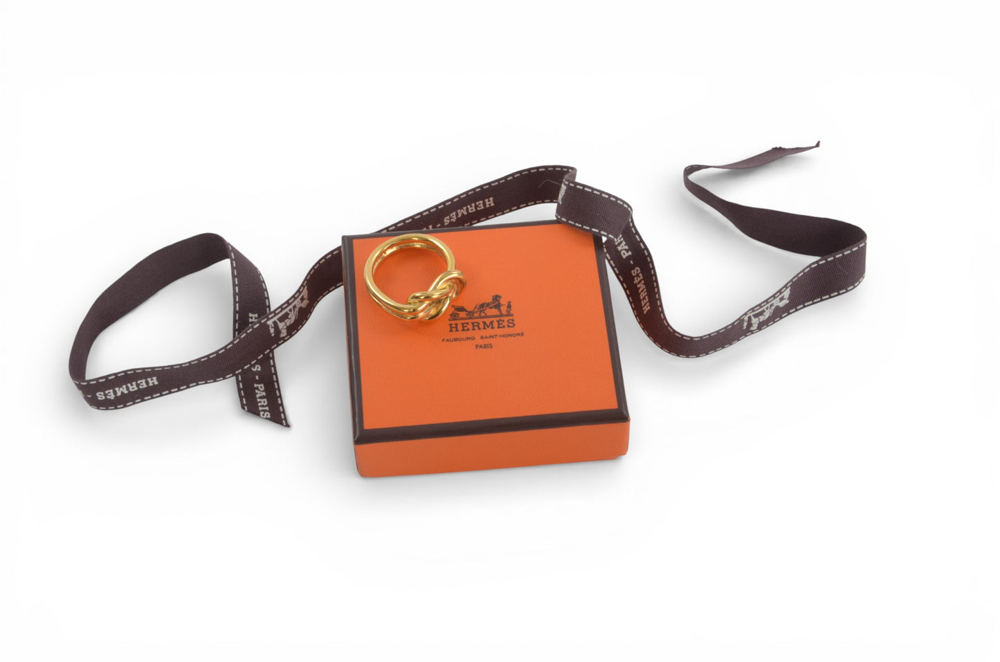 Hermès Gold Tone Atame Knot Scarf Ring Pin Vintage Designer Classic Authentic