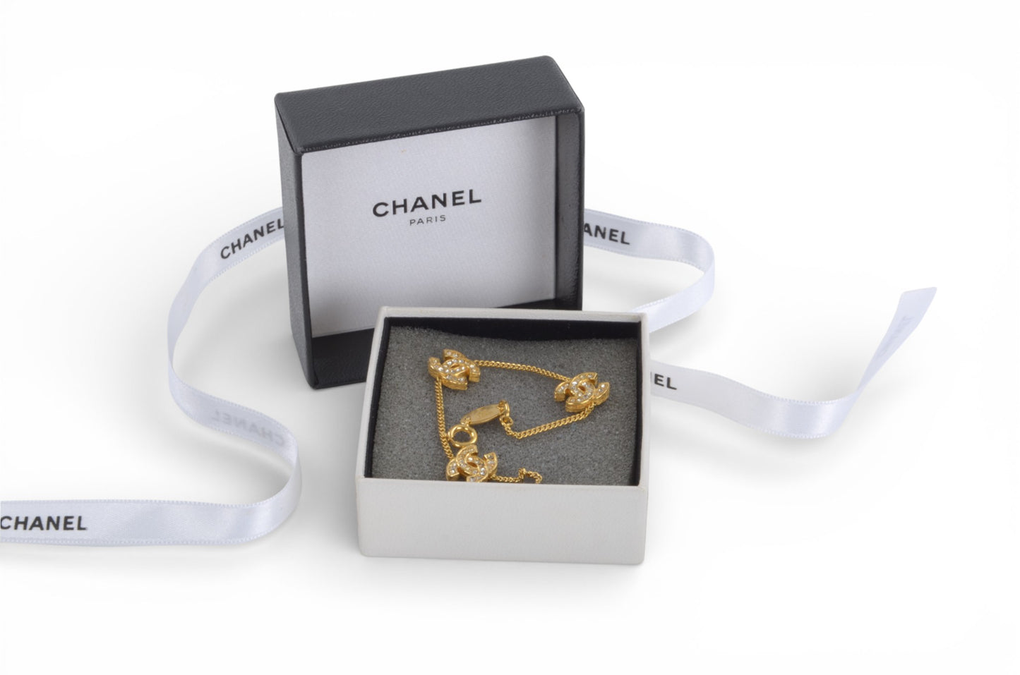 Chanel CC Logo Rhinestone Bracelet Vintage Gold Plated Statement Designer Classic Jewelry