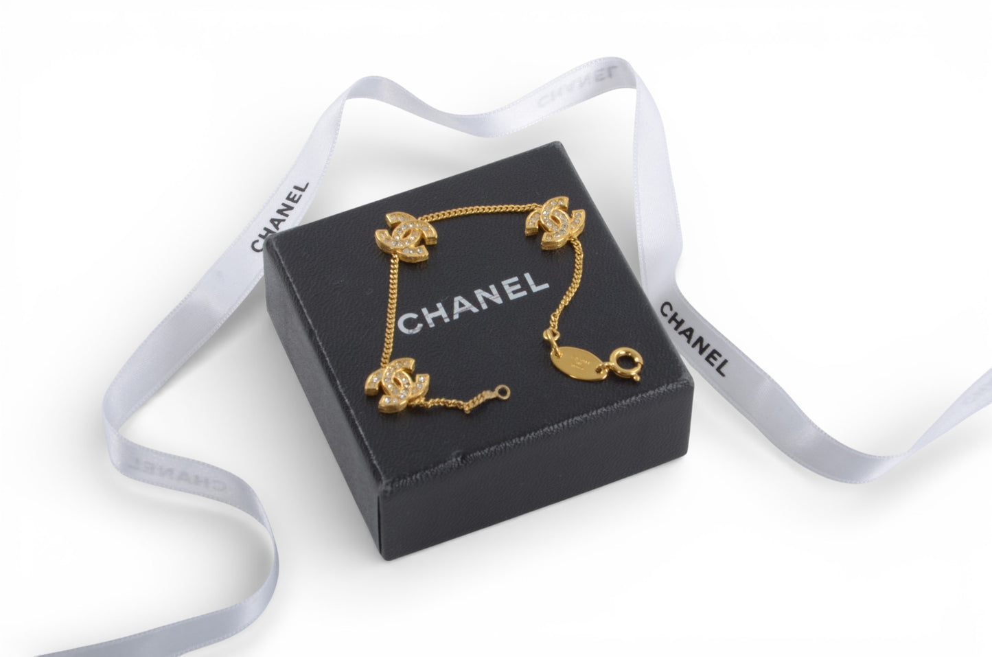 Chanel CC Logo Rhinestone Bracelet Vintage Gold Plated Statement Designer Classic Jewelry