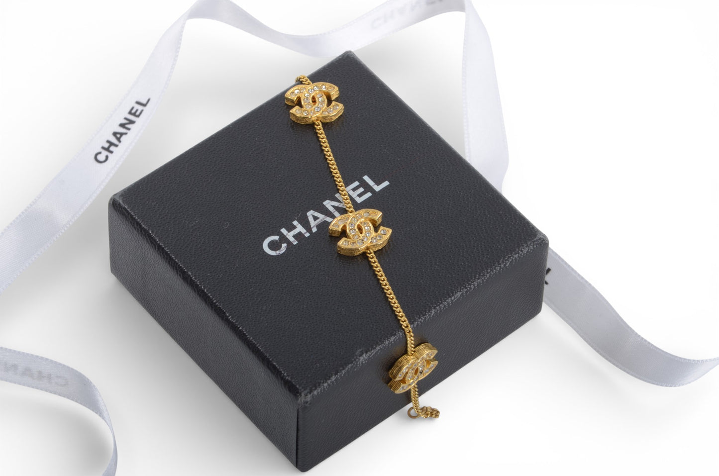 Chanel CC Logo Rhinestone Bracelet Vintage Gold Plated Statement Designer Classic Jewelry