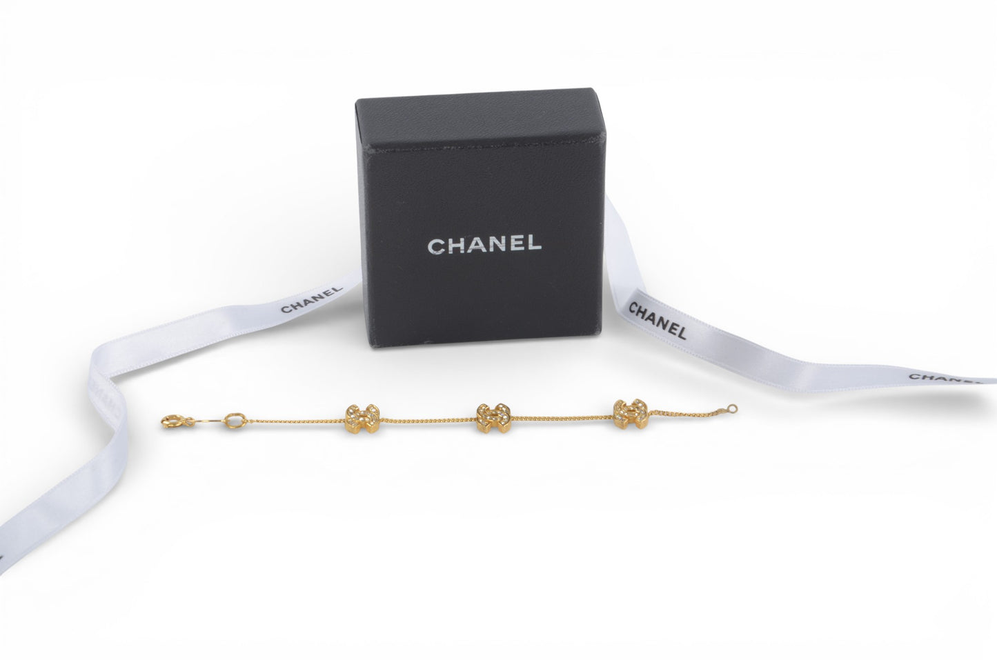 Chanel CC Logo Rhinestone Bracelet Vintage Gold Plated Statement Designer Classic Jewelry