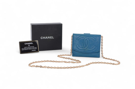 Chanel Blue Caviar Leather Wallet Coco Bi-fold Coin Purse Women's Vintage
