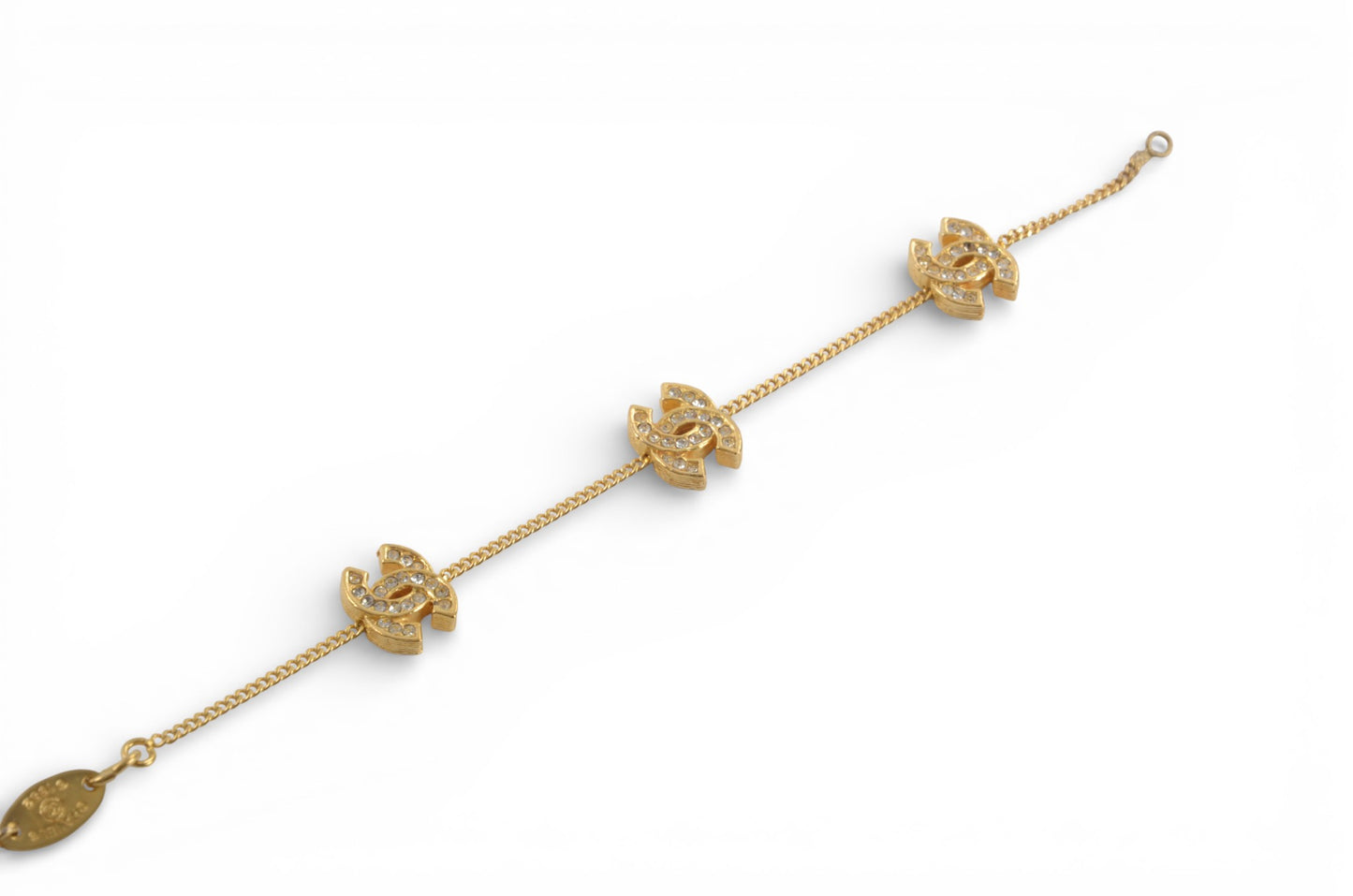 Chanel CC Logo Rhinestone Bracelet Vintage Gold Plated Statement Designer Classic Jewelry