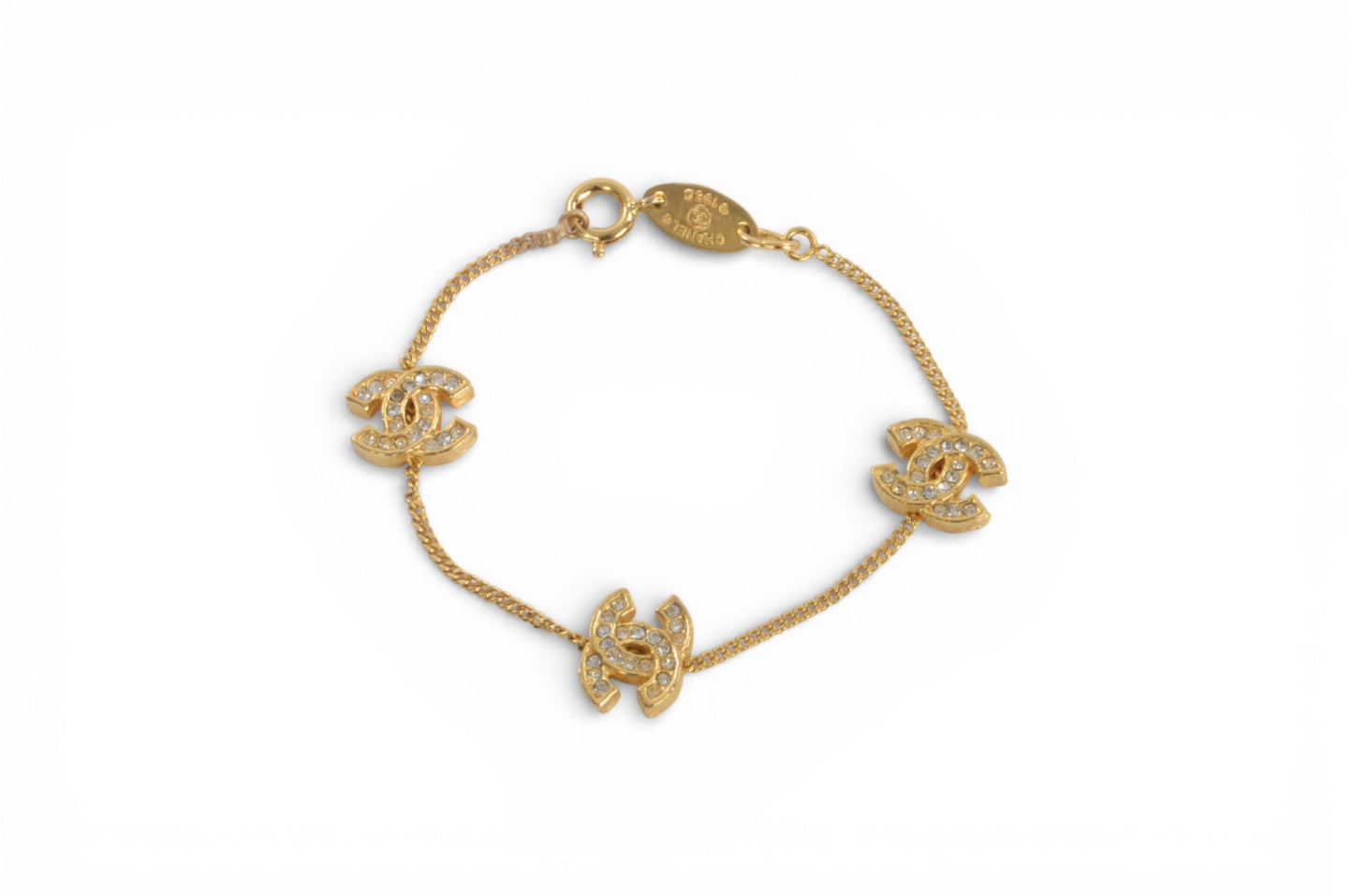 Chanel CC Logo Rhinestone Bracelet Vintage Gold Plated Statement Designer Classic Jewelry