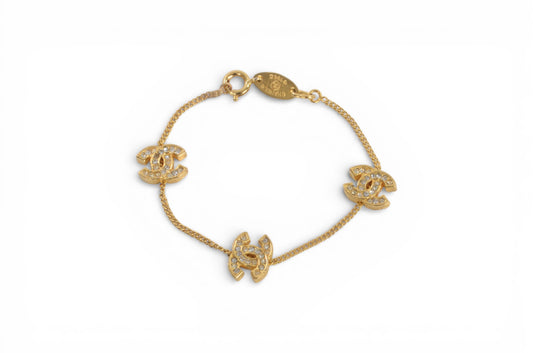 Chanel CC Logo Rhinestone Bracelet Vintage Gold Plated Statement Designer Classic Jewelry