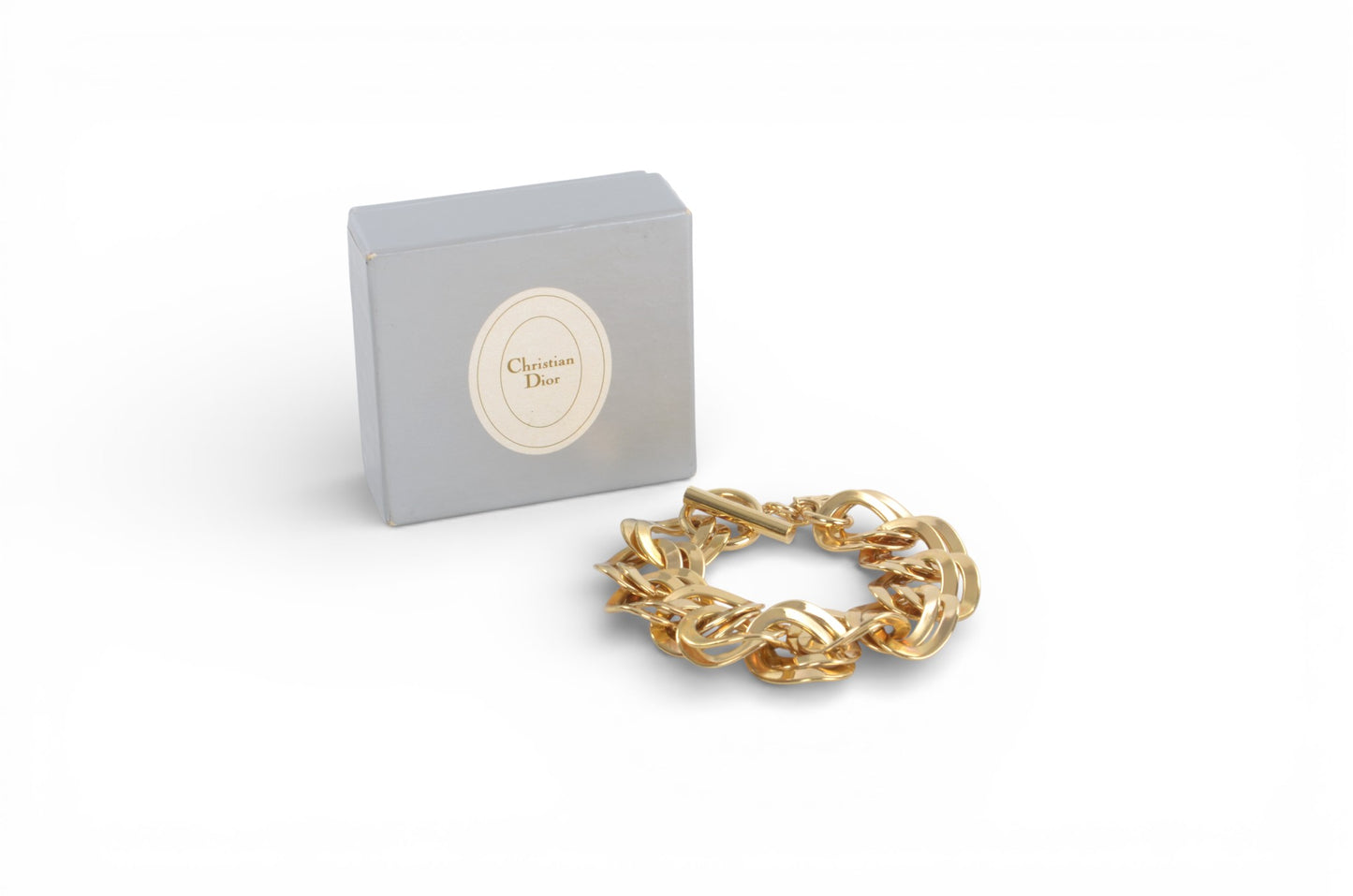 Christian Dior Chunky Bracelet Link Vintage Gold Plated Metal Logo Designer Classic