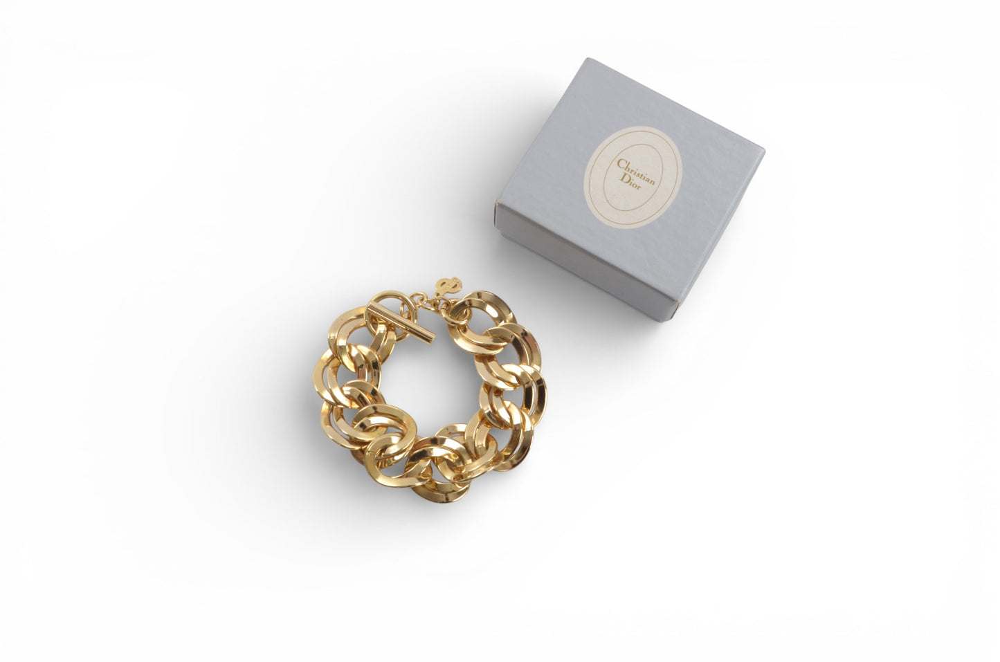 Christian Dior Chunky Bracelet Link Vintage Gold Plated Metal Logo Designer Classic