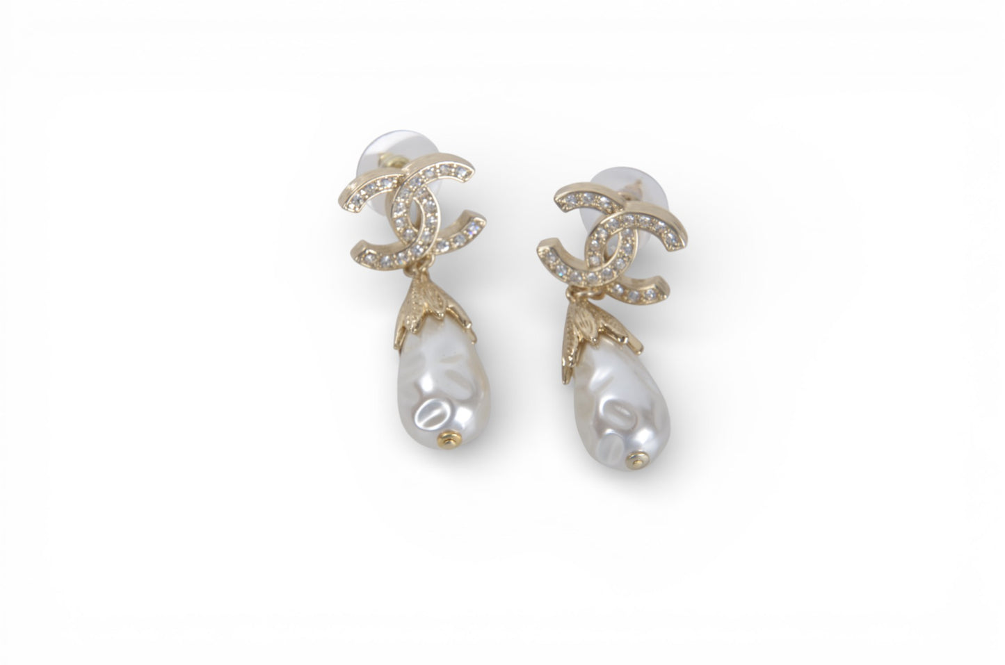 Chanel Vintage CC Coco Dangle Drop Pearl Rhinestone Earrings Statement Designer Classic Jewelry