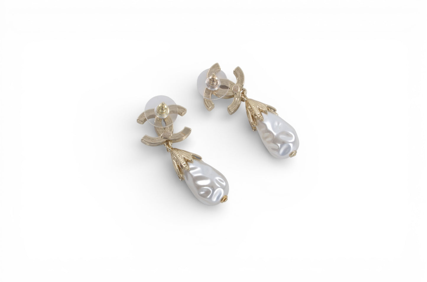 Chanel Vintage CC Coco Dangle Drop Pearl Rhinestone Earrings Statement Designer Classic Jewelry