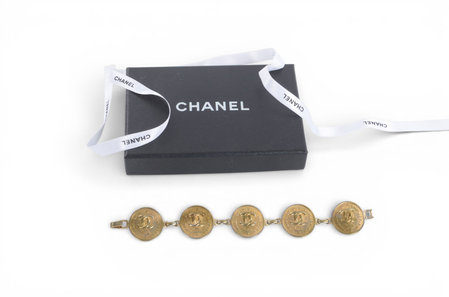 Chanel CC Logo Coin Medallion Crown Bracelet Vintage Gold Statement Designer Classic Jewelry