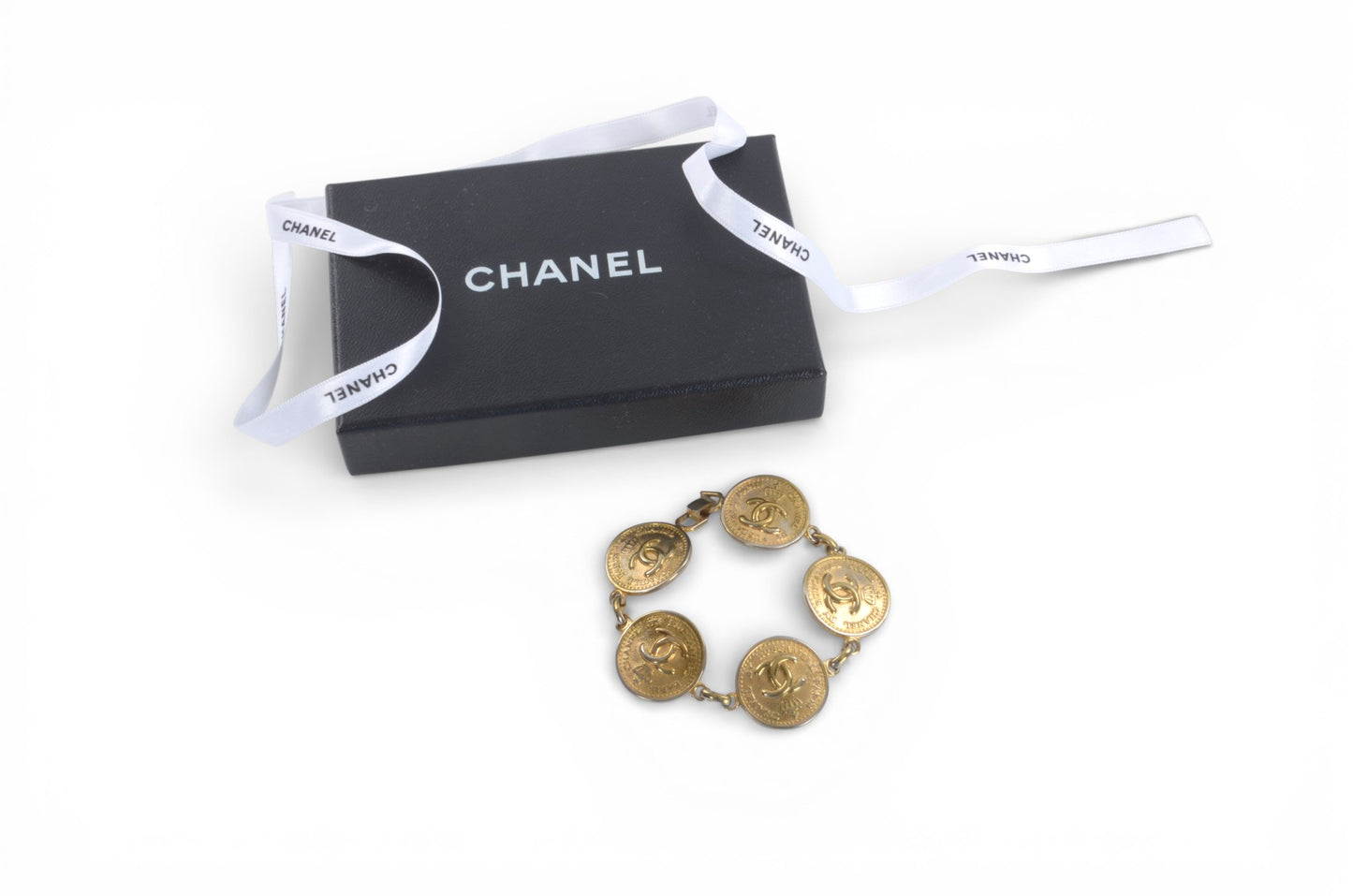 Chanel CC Logo Coin Medallion Crown Bracelet Vintage Gold Statement Designer Classic Jewelry