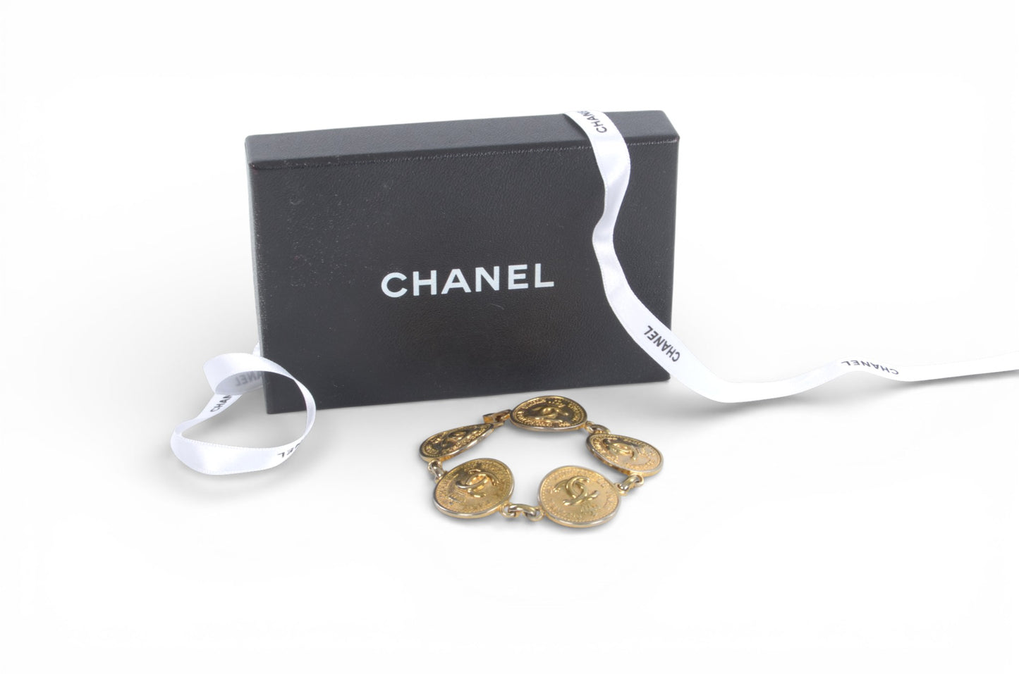 Chanel CC Logo Coin Medallion Crown Bracelet Vintage Gold Statement Designer Classic Jewelry