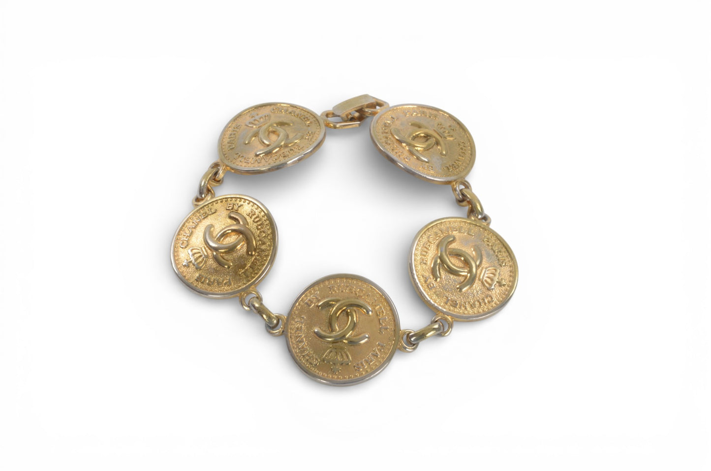 Chanel CC Logo Coin Medallion Crown Bracelet Vintage Gold Statement Designer Classic Jewelry