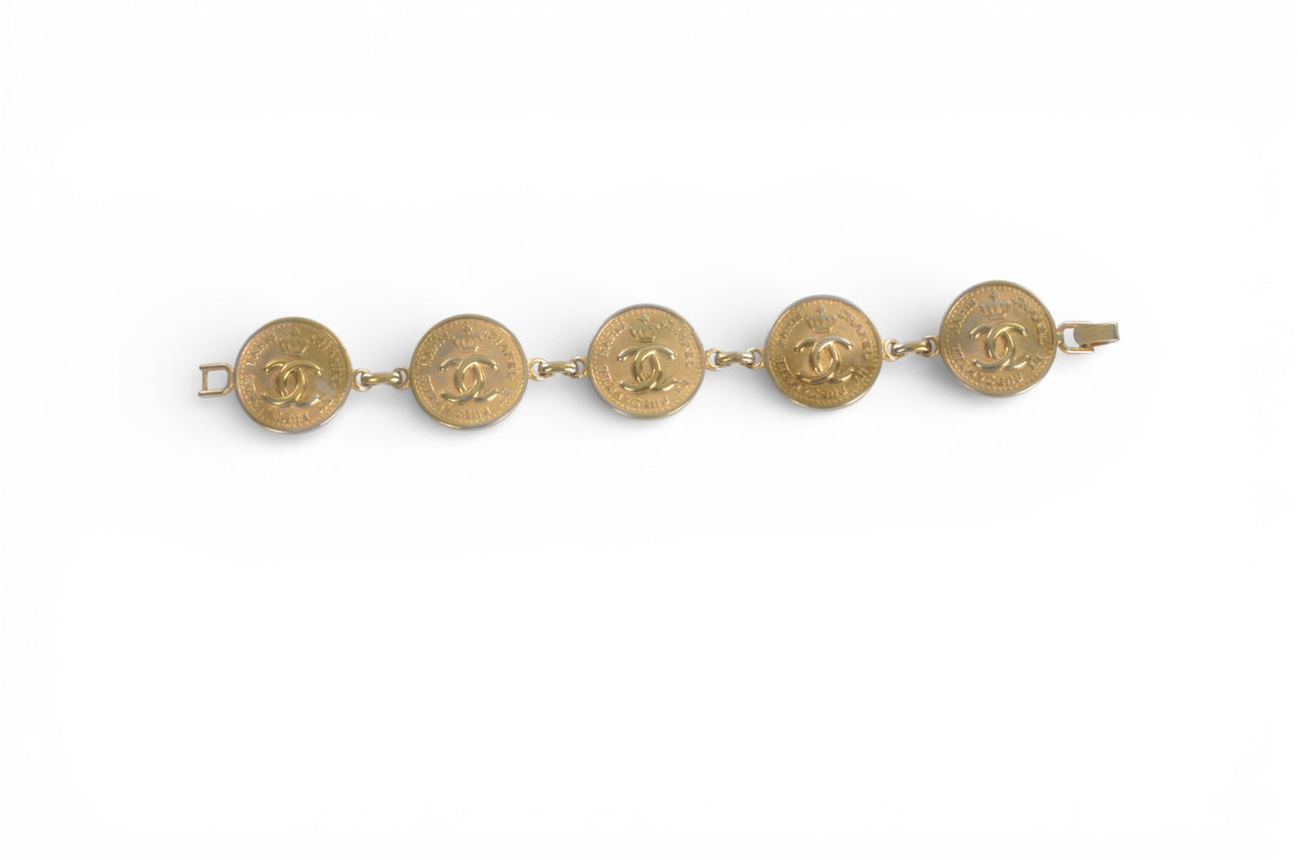 Chanel CC Logo Coin Medallion Crown Bracelet Vintage Gold Statement Designer Classic Jewelry