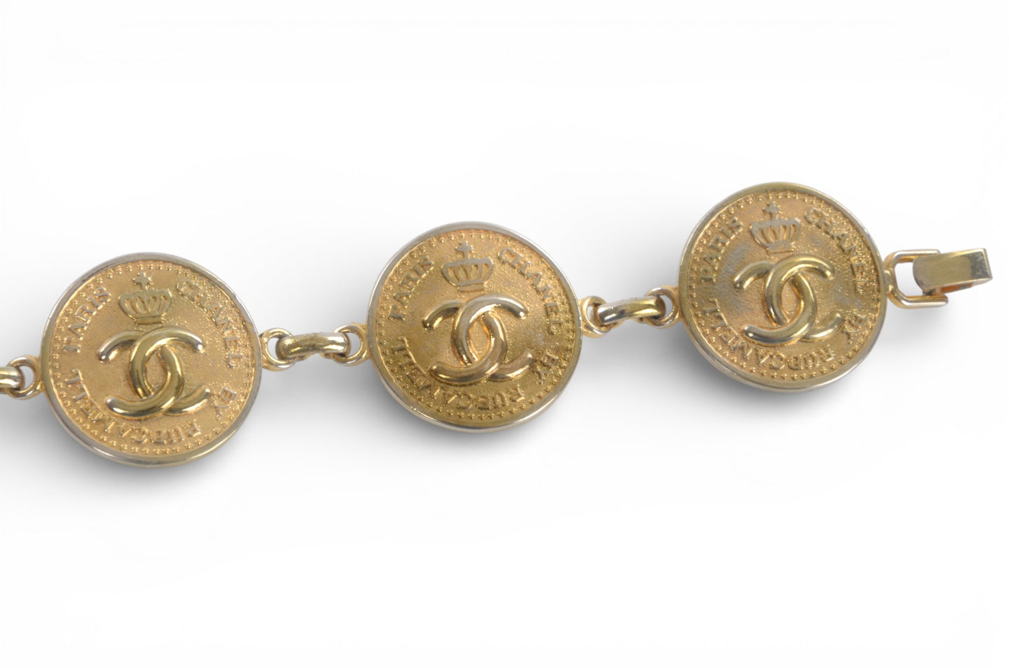 Chanel CC Logo Coin Medallion Crown Bracelet Vintage Gold Statement Designer Classic Jewelry