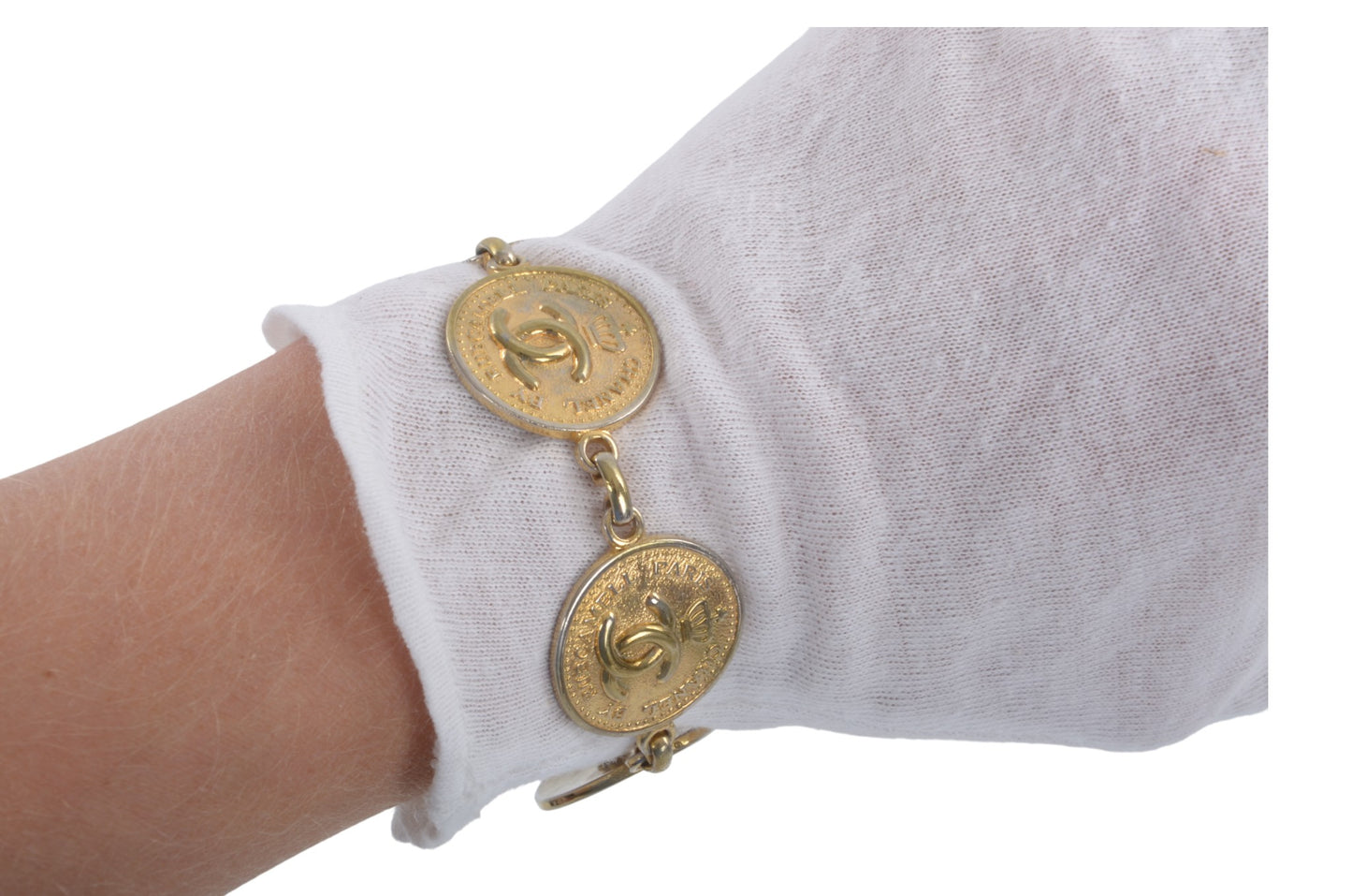 Chanel CC Logo Coin Medallion Crown Bracelet Vintage Gold Statement Designer Classic Jewelry