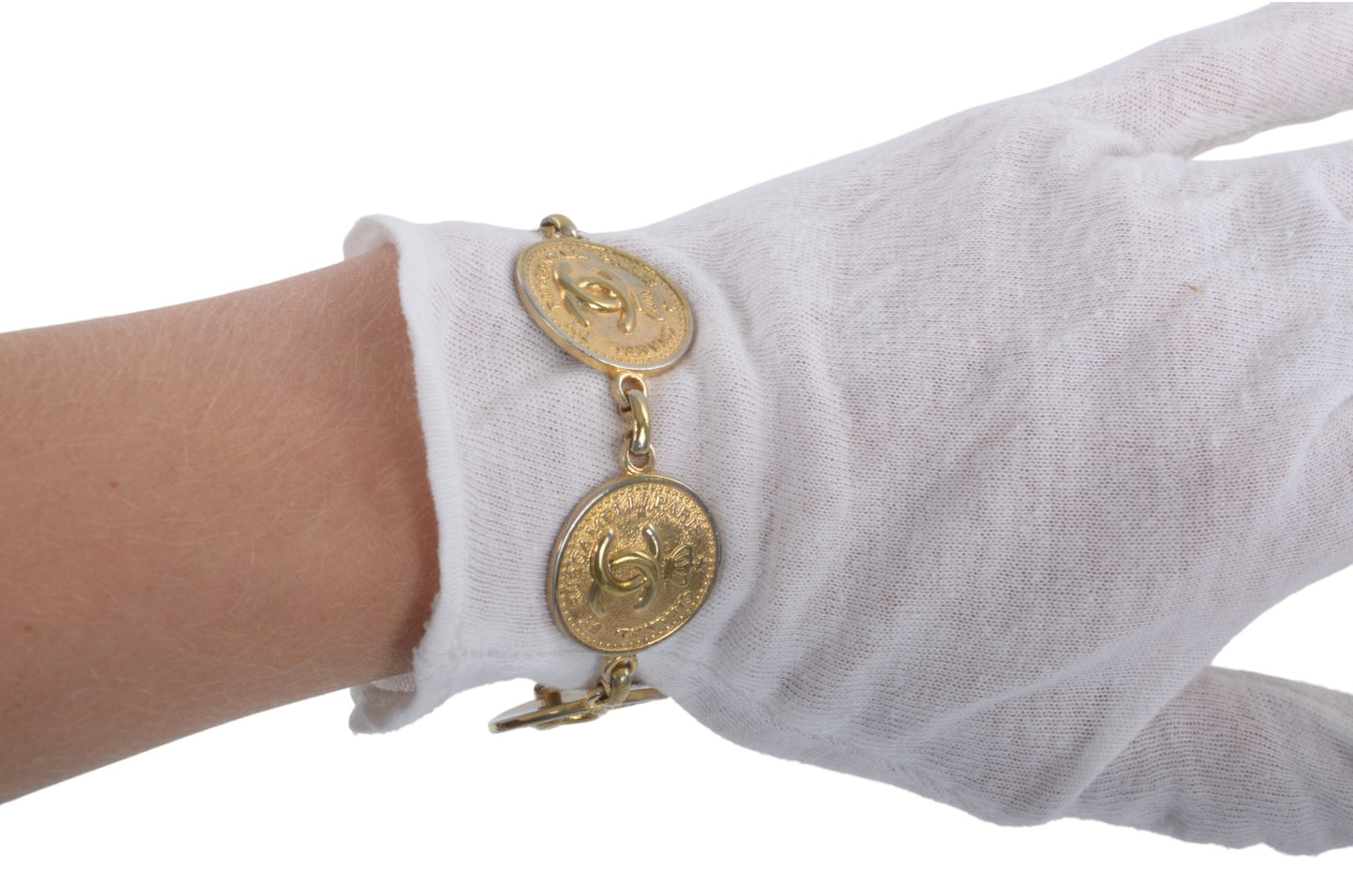 Chanel CC Logo Coin Medallion Crown Bracelet Vintage Gold Statement Designer Classic Jewelry