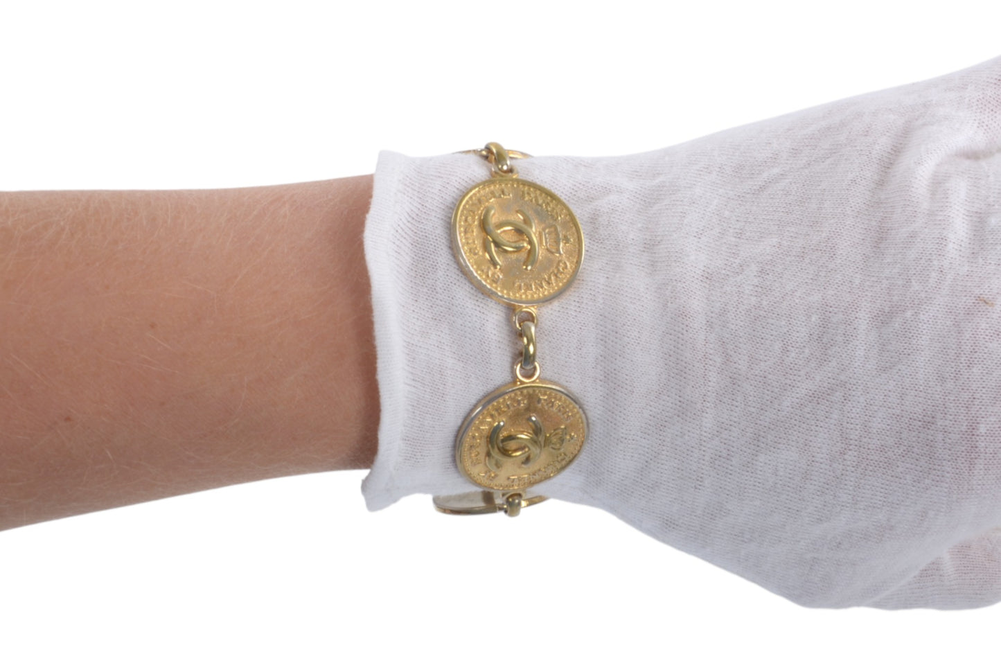Chanel CC Logo Coin Medallion Crown Bracelet Vintage Gold Statement Designer Classic Jewelry