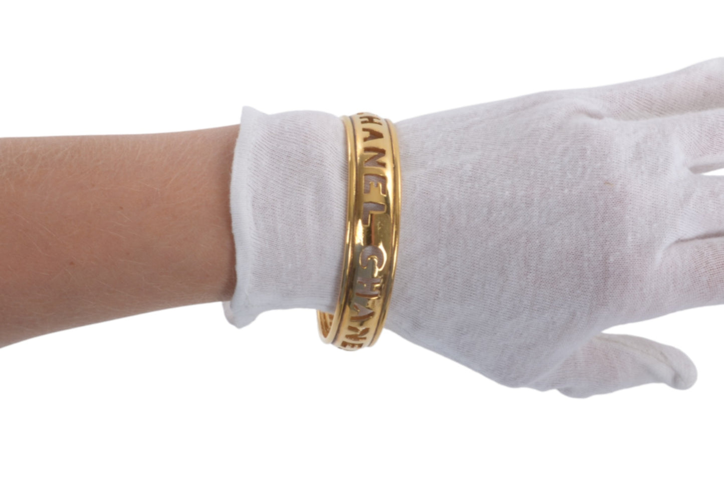 Chanel Gold Plated Cut Out Logo Bangle Bracelet 1980's Vintage Cuff Designer Classic