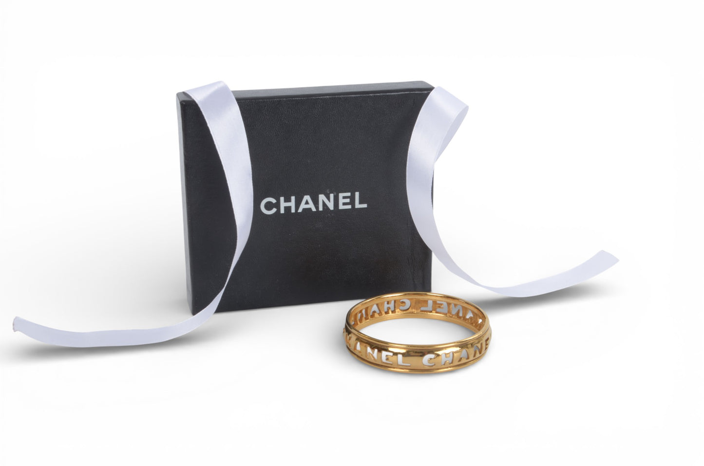 Chanel Gold Plated Cut Out Logo Bangle Bracelet 1980's Vintage Cuff Designer Classic