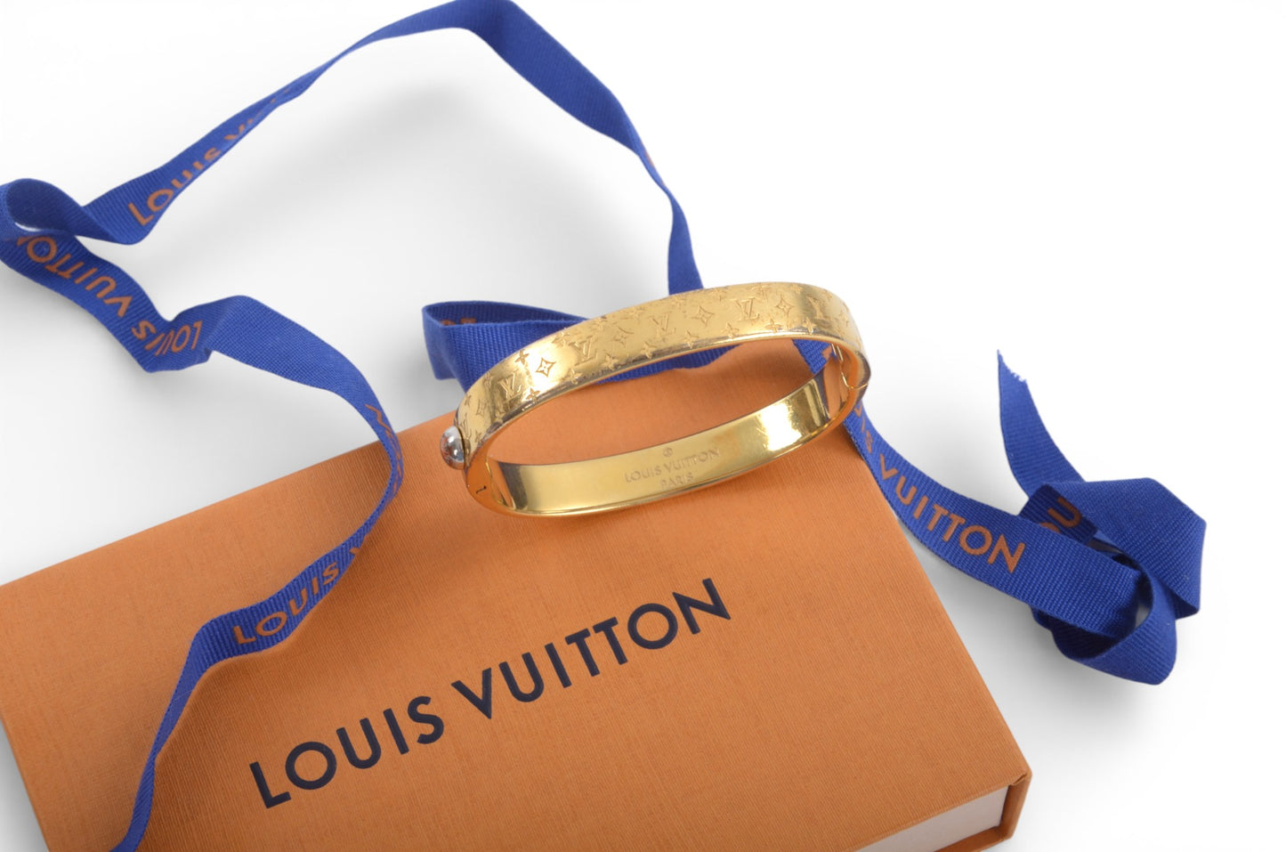 Louis Vuitton Nanogram Monogram Bracelet Gold Metal Bangle Cuff Designer Classic