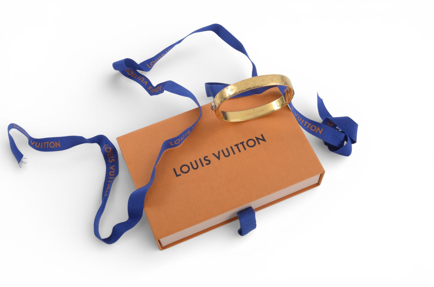 Louis Vuitton Nanogram Monogram Bracelet Gold Metal Bangle Cuff Designer Classic