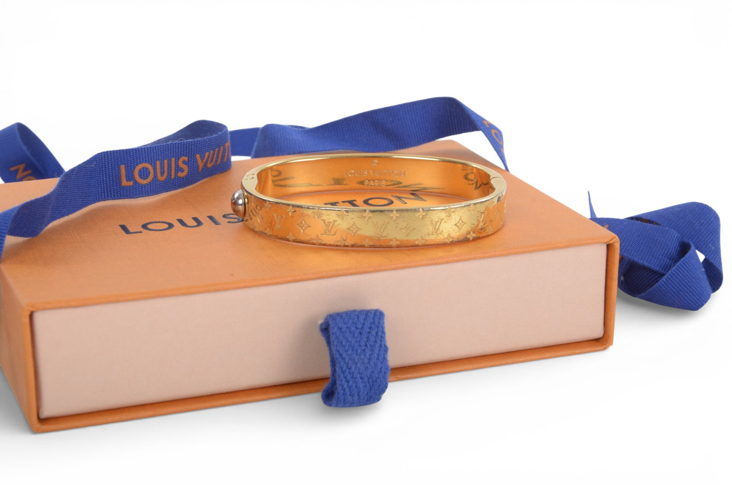 Louis Vuitton Nanogram Monogram Bracelet Gold Metal Bangle Cuff Designer Classic