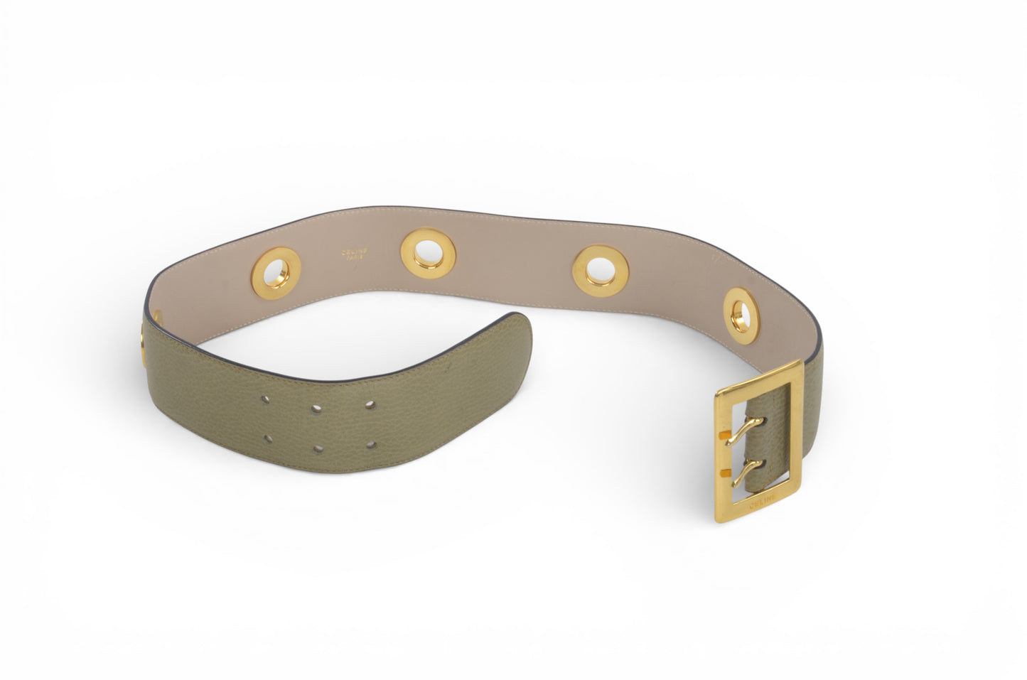Celine Vintage Leather Belt Circle Hardware Women's Khaki Gold Buckle Designer Classic