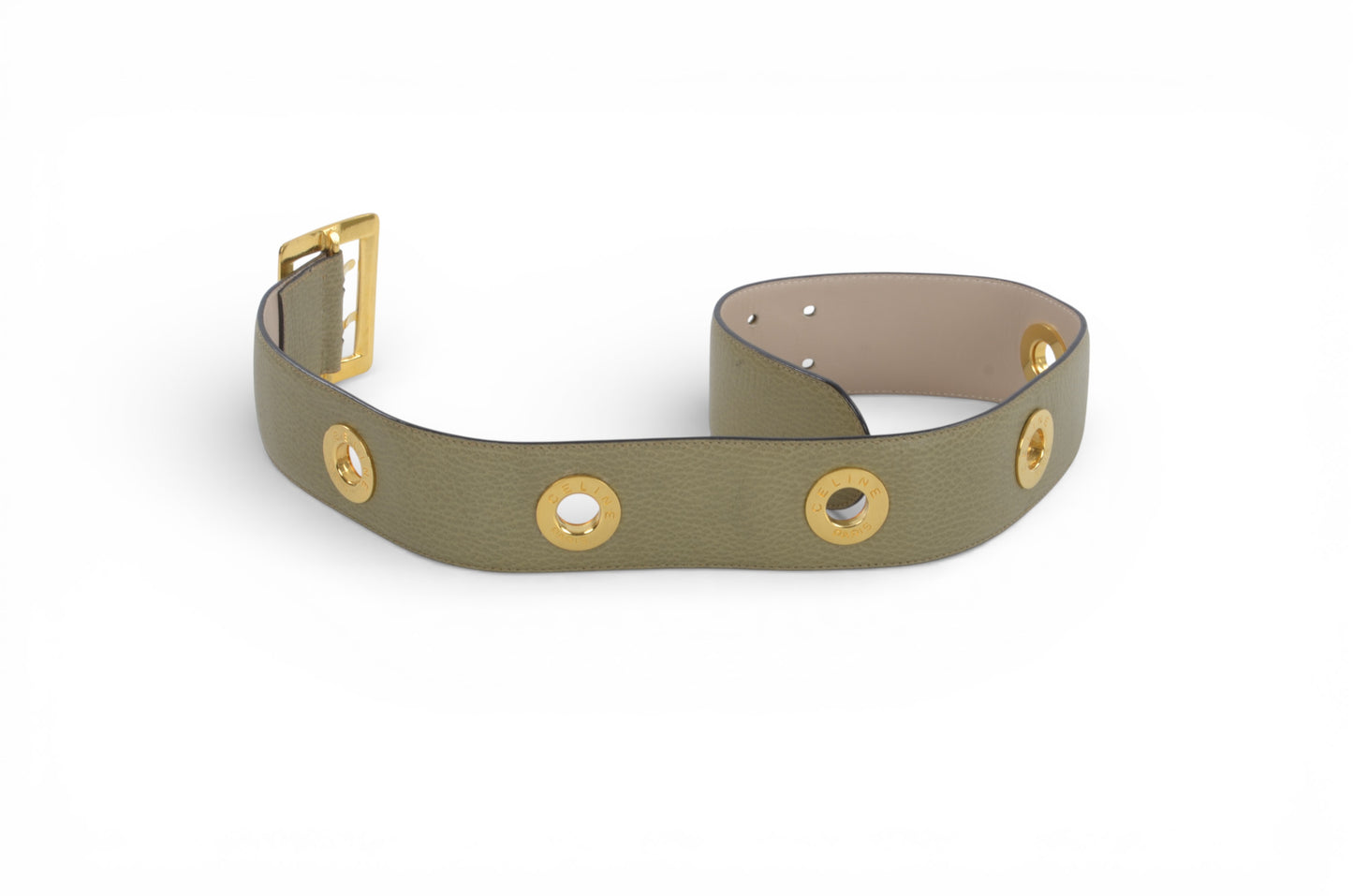 Celine Vintage Leather Belt Circle Hardware Women's Khaki Gold Buckle Designer Classic