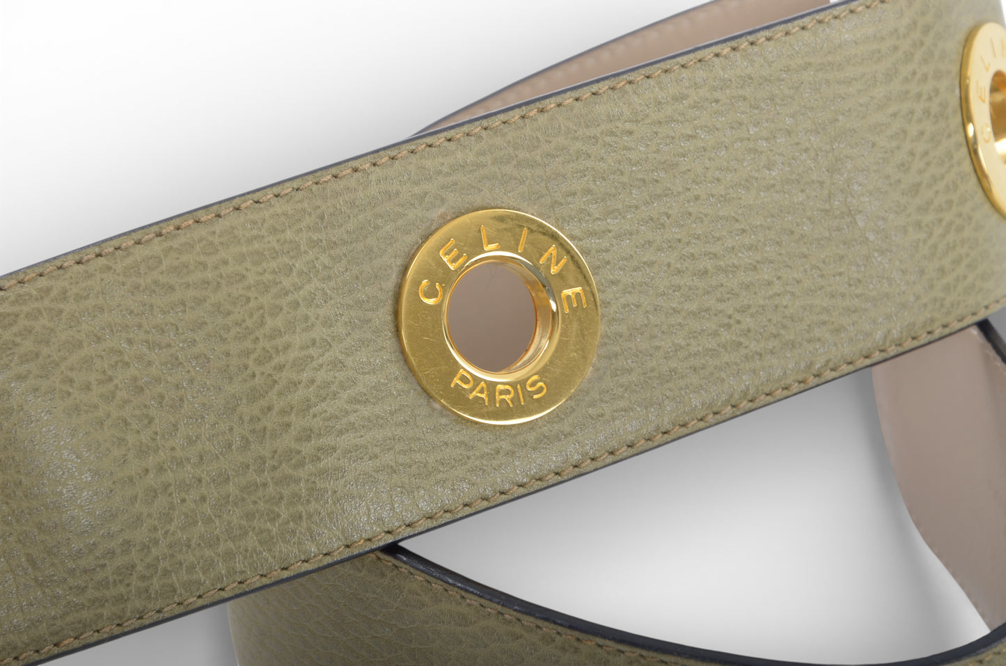 Celine Vintage Leather Belt Circle Hardware Women's Khaki Gold Buckle Designer Classic