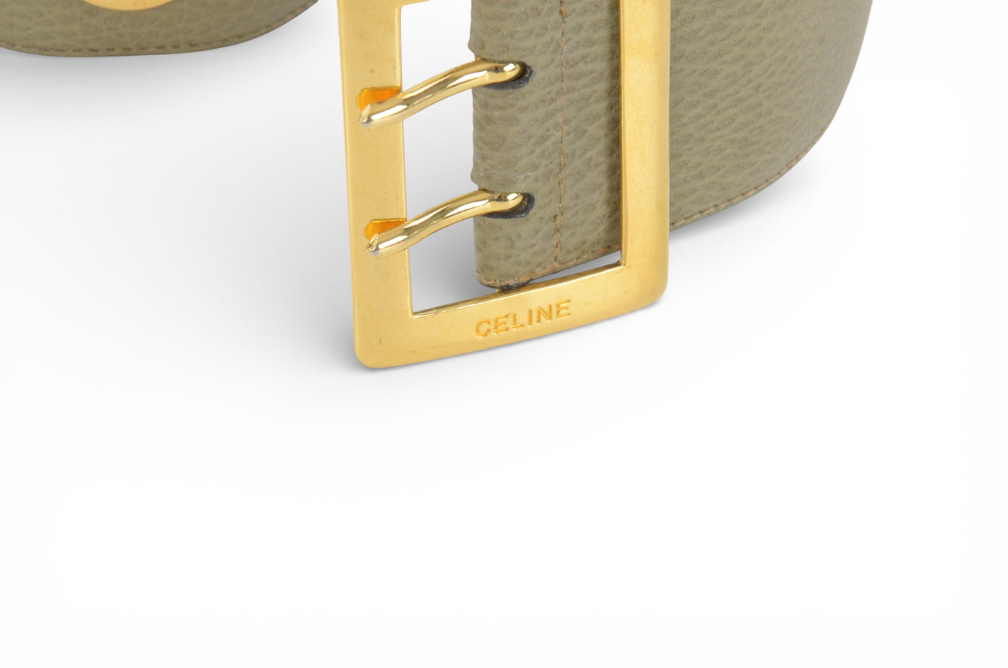 Celine Vintage Leather Belt Circle Hardware Women's Khaki Gold Buckle Designer Classic