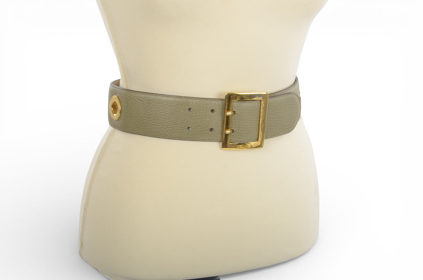Celine Vintage Leather Belt Circle Hardware Women's Khaki Gold Buckle Designer Classic