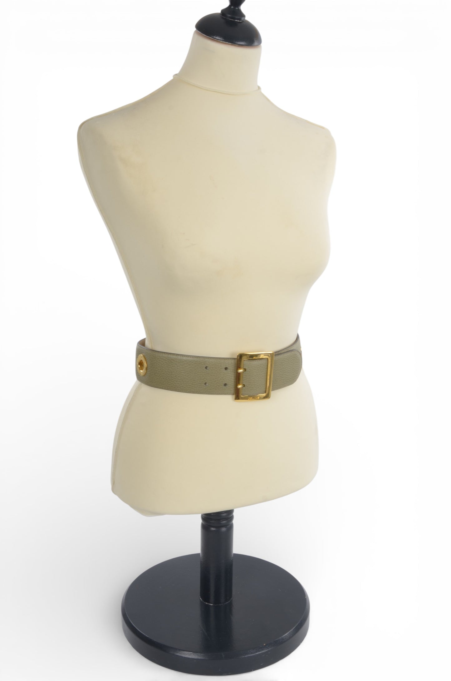 Celine Vintage Leather Belt Circle Hardware Women's Khaki Gold Buckle Designer Classic
