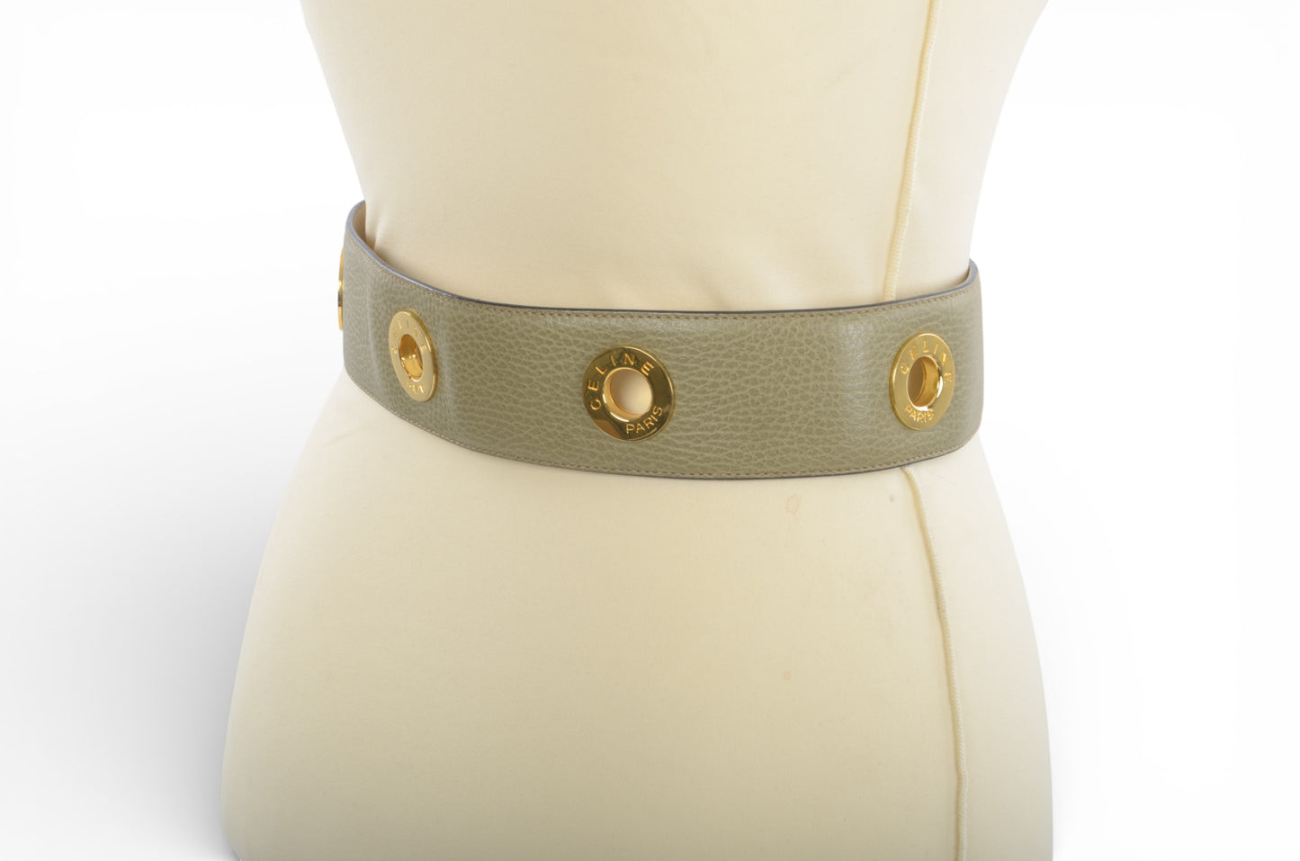 Celine Vintage Leather Belt Circle Hardware Women's Khaki Gold Buckle Designer Classic