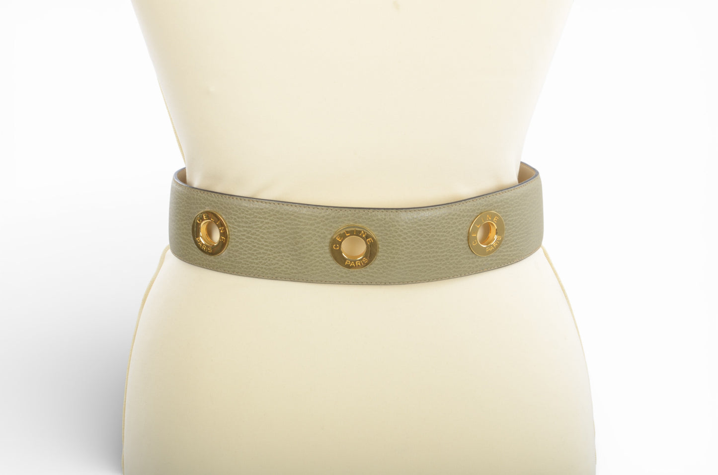 Celine Vintage Leather Belt Circle Hardware Women's Khaki Gold Buckle Designer Classic
