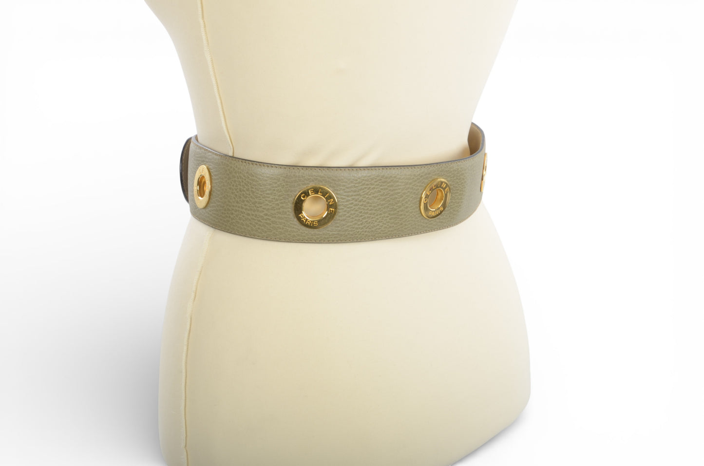 Celine Vintage Leather Belt Circle Hardware Women's Khaki Gold Buckle Designer Classic