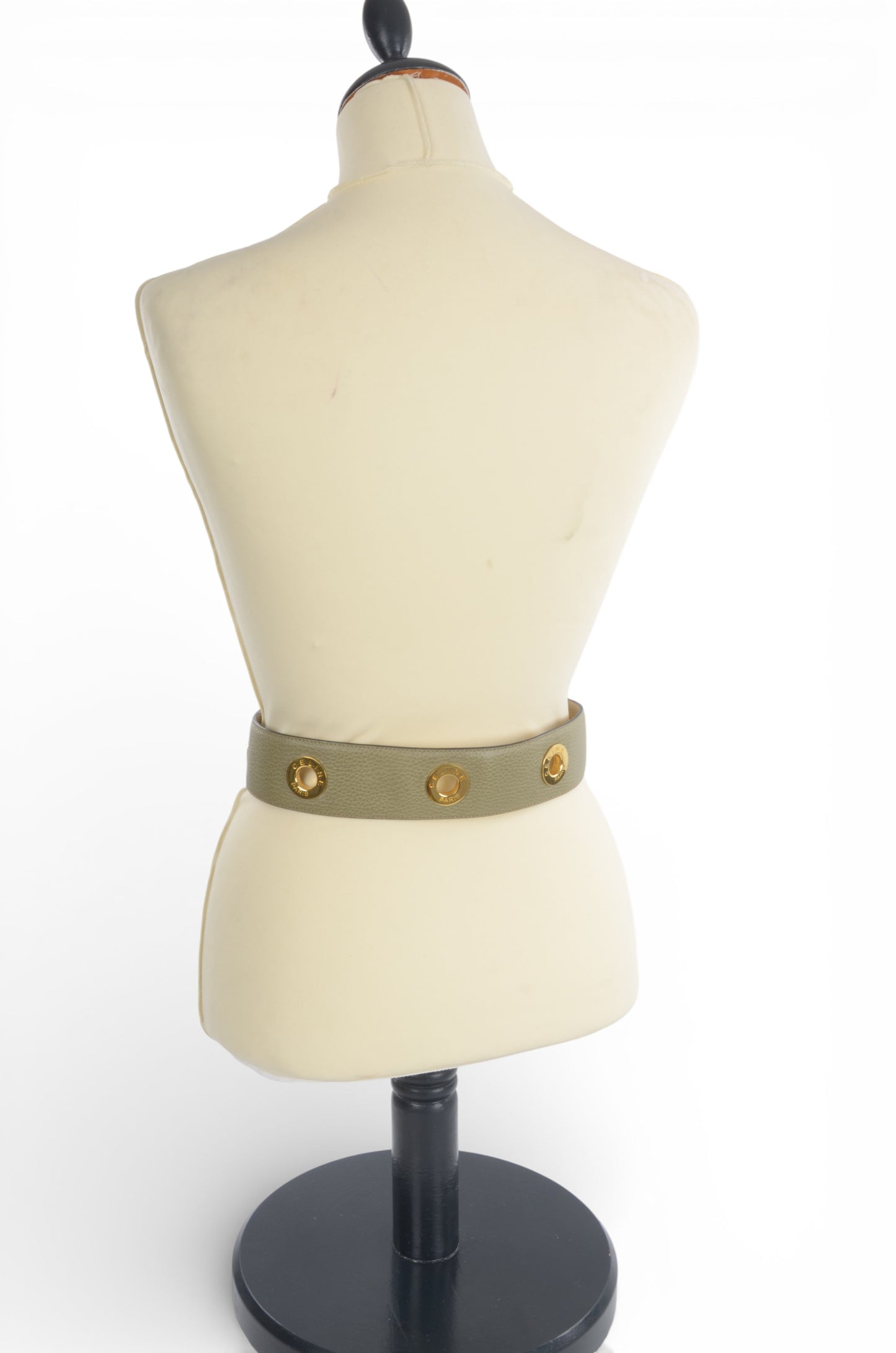 Celine Vintage Leather Belt Circle Hardware Women's Khaki Gold Buckle Designer Classic