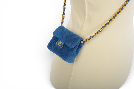 Chanel Velvet Blue Micro Shoulder Chain Bag Coco Mark Crossbody Matelasse Pouch Vintage Rare