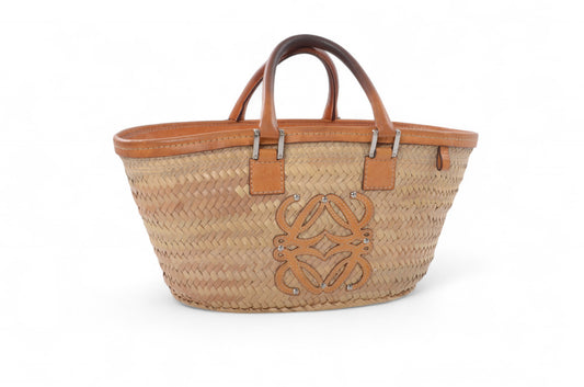 Loewe Raffia Anagram Leather Strawbag Bag Basket Handbag Brown Vintage Straw Beige