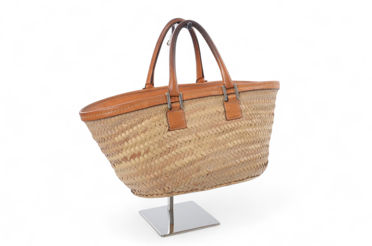 Loewe Raffia Anagram Leather Strawbag Bag Basket Handbag Brown Vintage Straw Beige