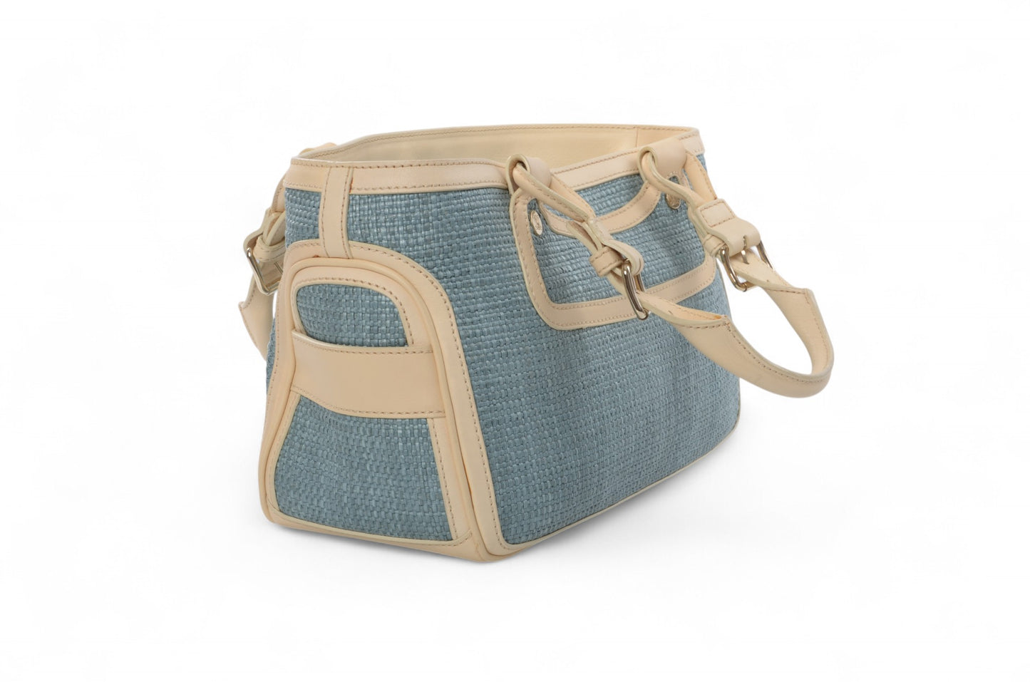 Celine Boogie Blue Woven Raffia Leather Handbag Bag Vintage Top Handle Calf Leather Straw Cream