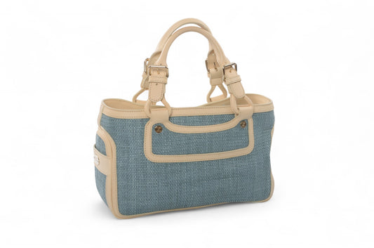 Celine Boogie Blue Woven Raffia Leather Handbag Bag Vintage Top Handle Calf Leather Straw Cream