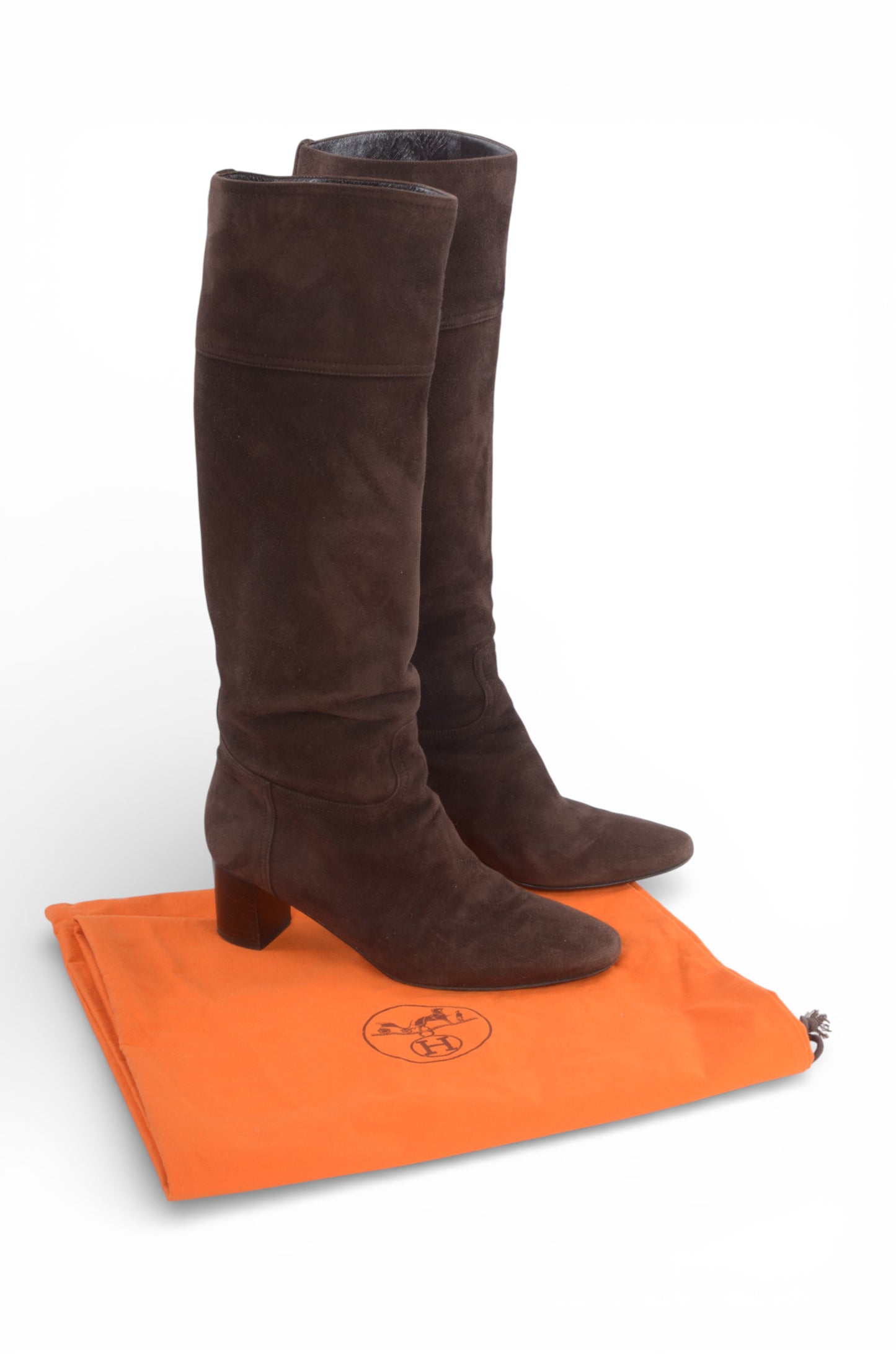 Hermès Suede Long Boots Women's Brown Heels Shoes Size 37 Designer Classic
