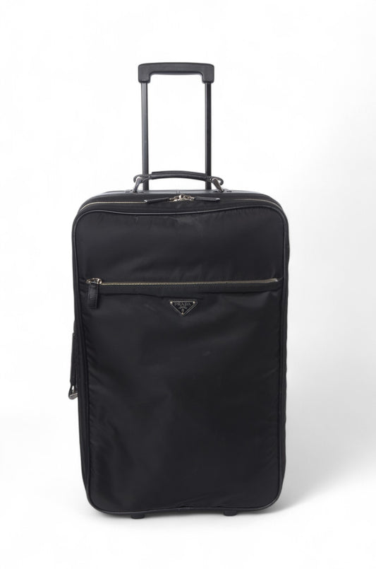 Prada Black Tessuto Nylon Leather Suitcase Rolling Travel Luggage Cabin Bag Trolley Vintage