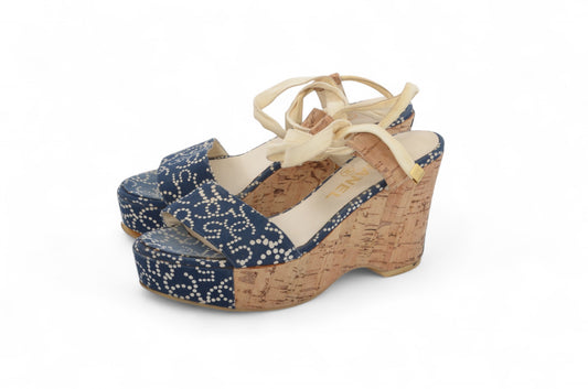Chanel Rare Heels Sandals Coco Mark Wedge Denim Navy Blue Vintage CC Logo Mules Size 36