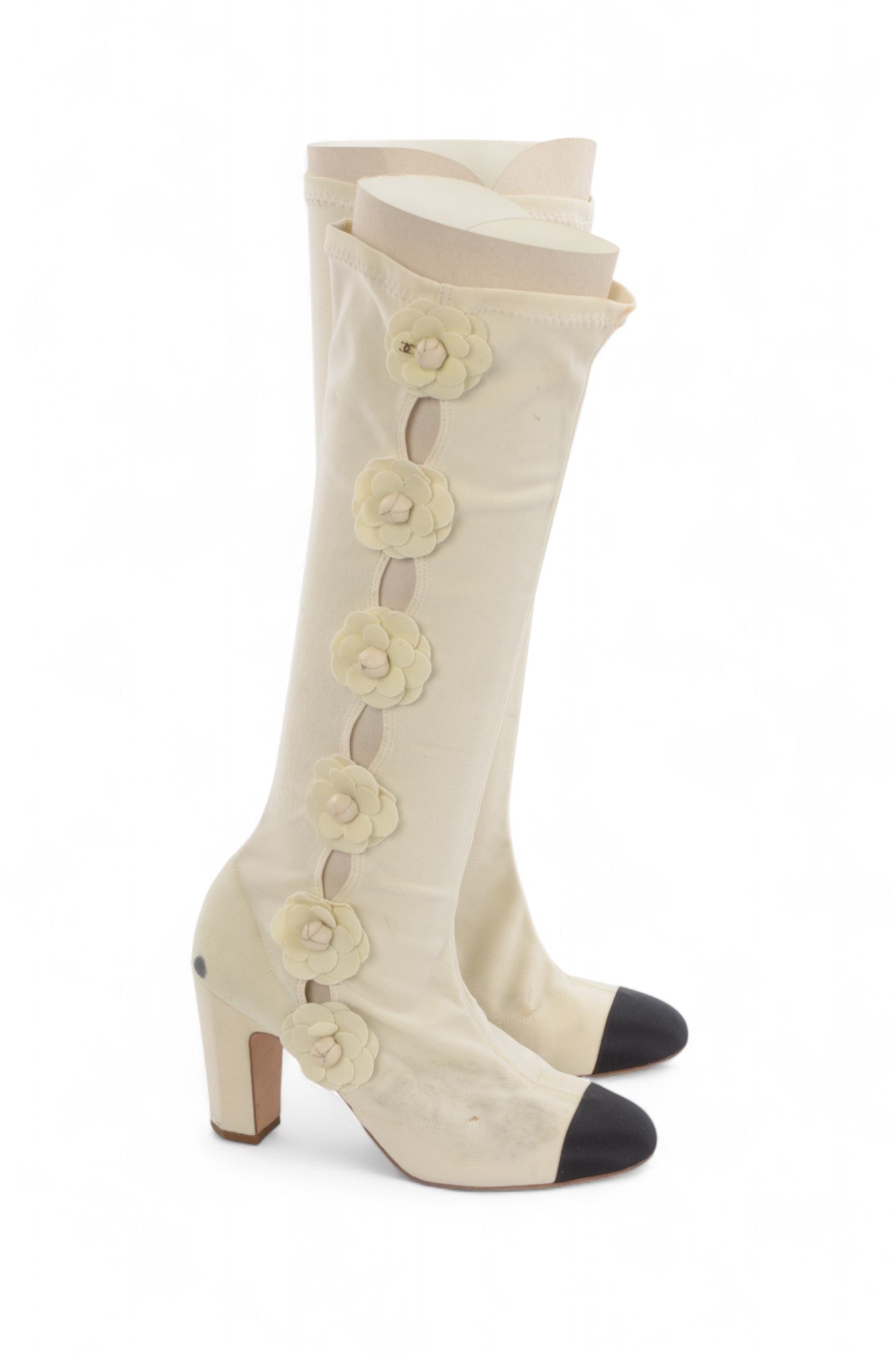 Chanel Camellia Tight Boots Heels Limited Series Resort 2011 Runway Rare Ecru Size 36 1/2C