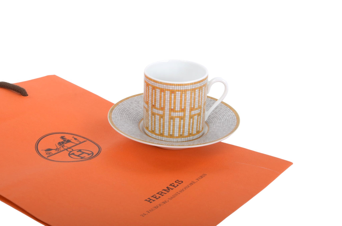 Hermès Mosaique au 24 Gold Coffee Cup and Saucer Porcelein Interior Benoit Pierre Emery