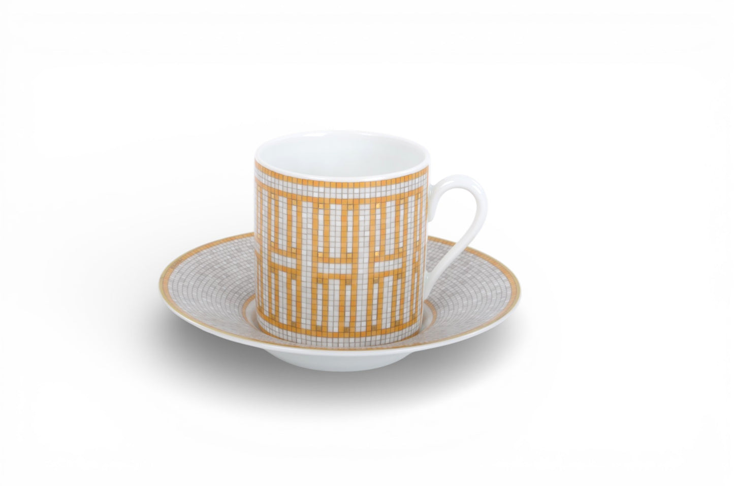 Hermès Mosaique au 24 Gold Coffee Cup and Saucer Porcelein Interior Benoit Pierre Emery